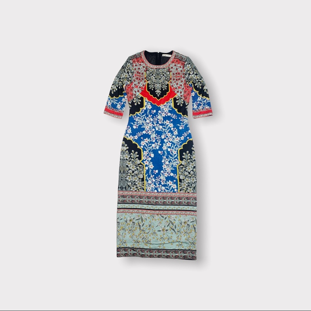 Alice + Olivia Delora Printed Crewneck 3/4-Sleeve Fitted Midi Dress 6 Floral